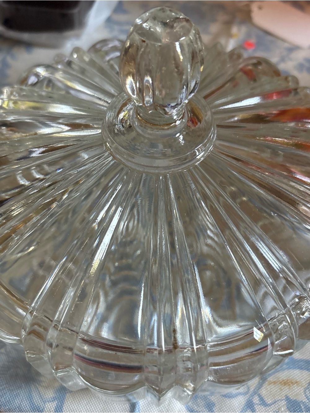 Source Unknown Clear Ribbed Glass Covered Candy Dish